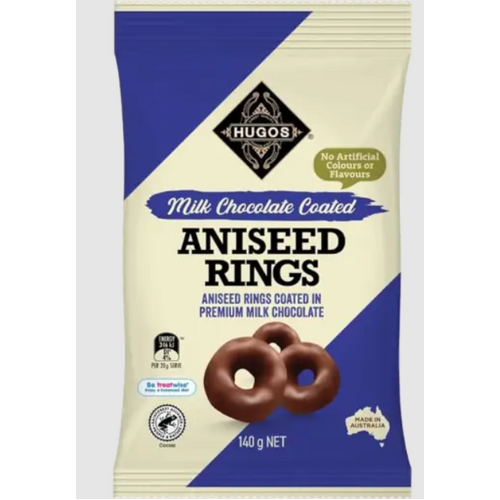 Hugos Milk Choc Coated Aniseed Rings 140g